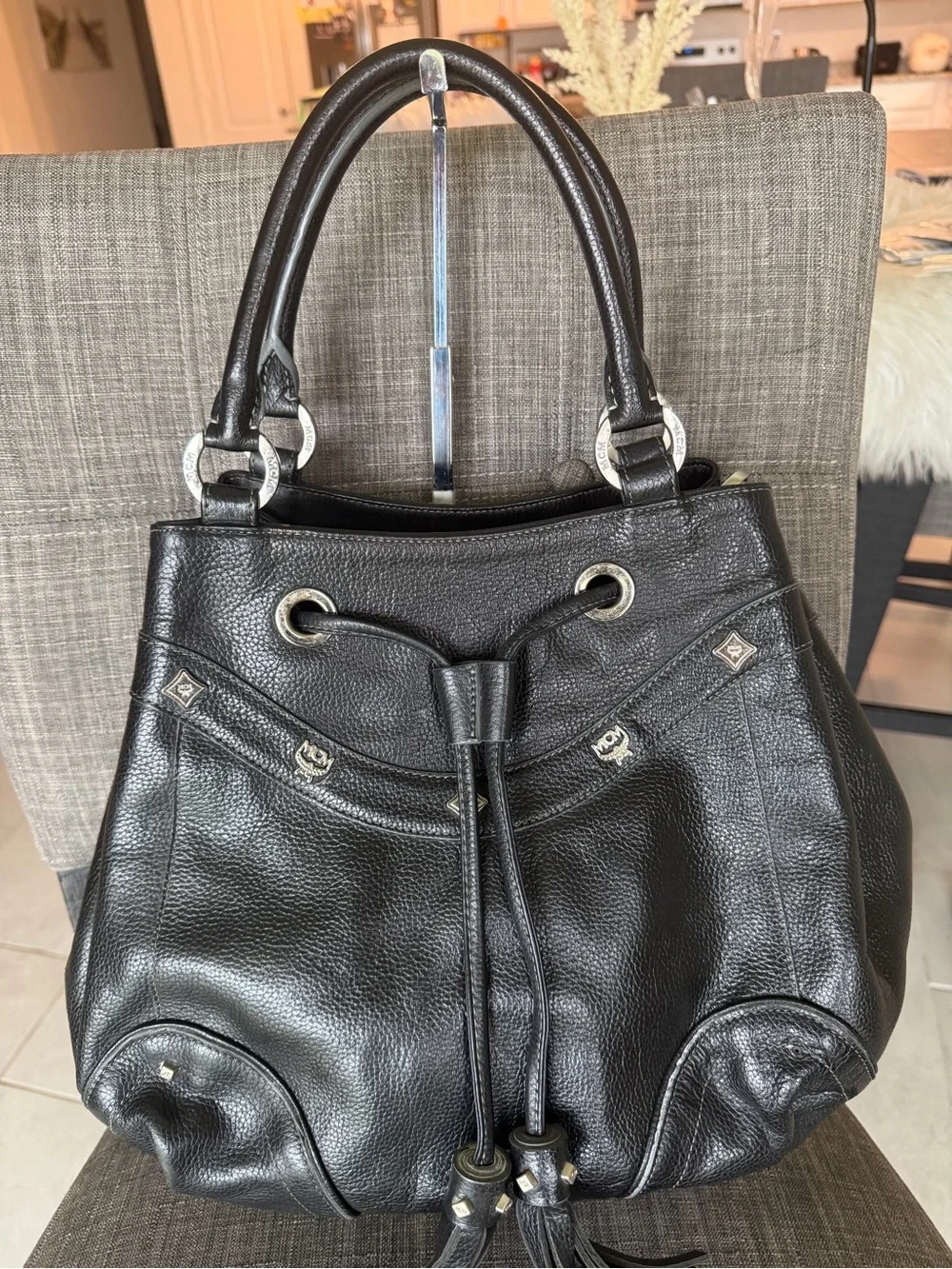 Mcm Black Leather Drawstring Tote Bag -